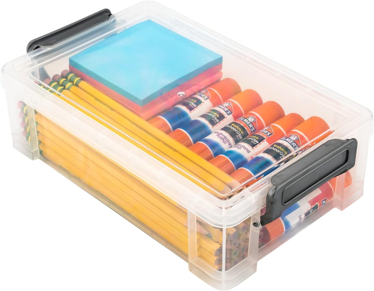Grey Clips, 2 Pack, Extra Large Pencil Box. Pencils, rulers, art supplies, markers, and crayons are all organized in stackable storage bins. Lid-equipped transparent plastic containers.